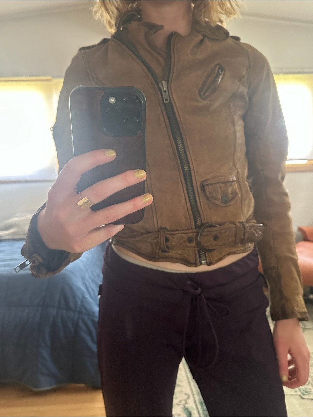 All Saints Brown Distressed Leather Belted Moto Jacket